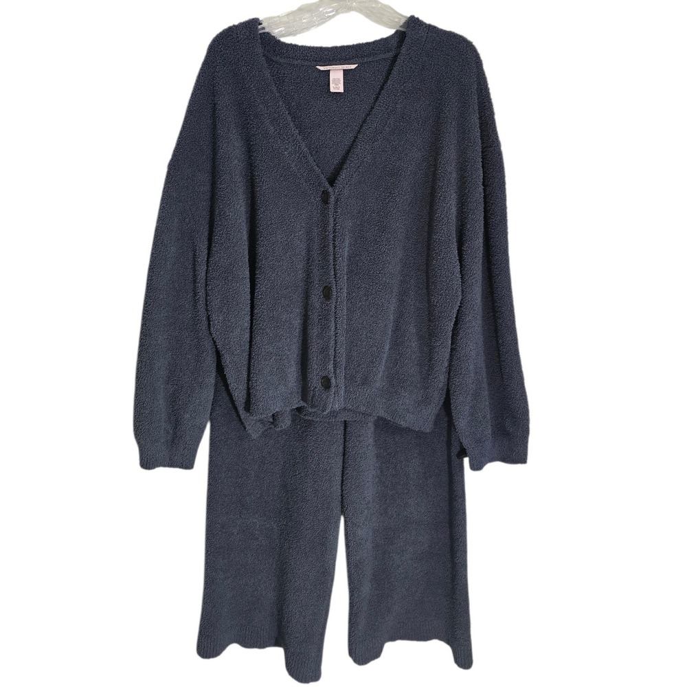 Victoria's Secret Cozy Knit Lounge Flare Leg Gray Set Cardigan Pants Blue XL